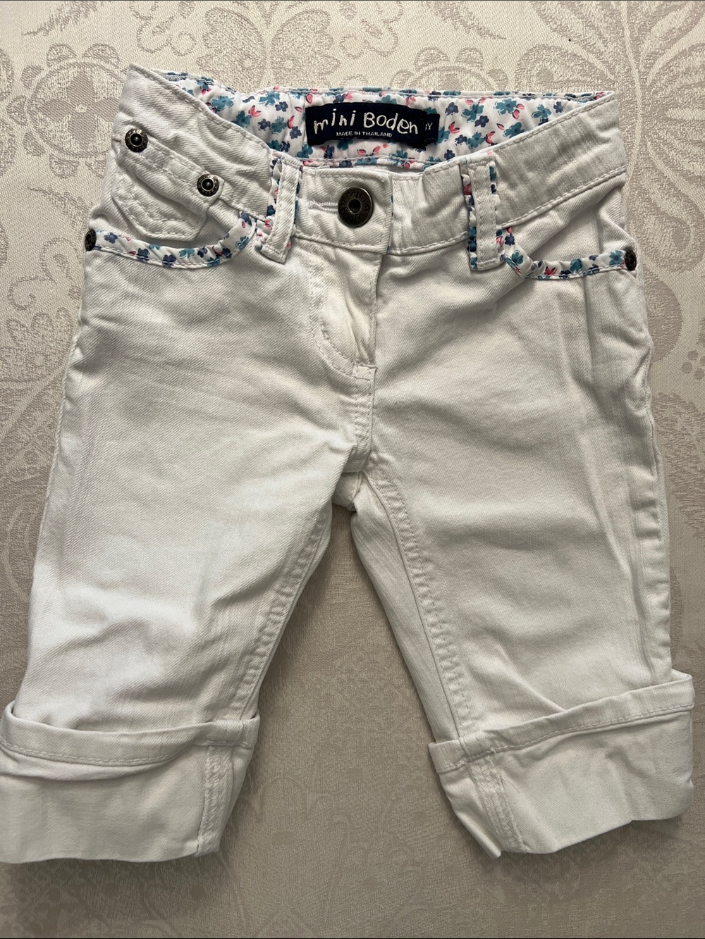 Mini Boden White Girls' Cuffed Shorts with Floral Trim
